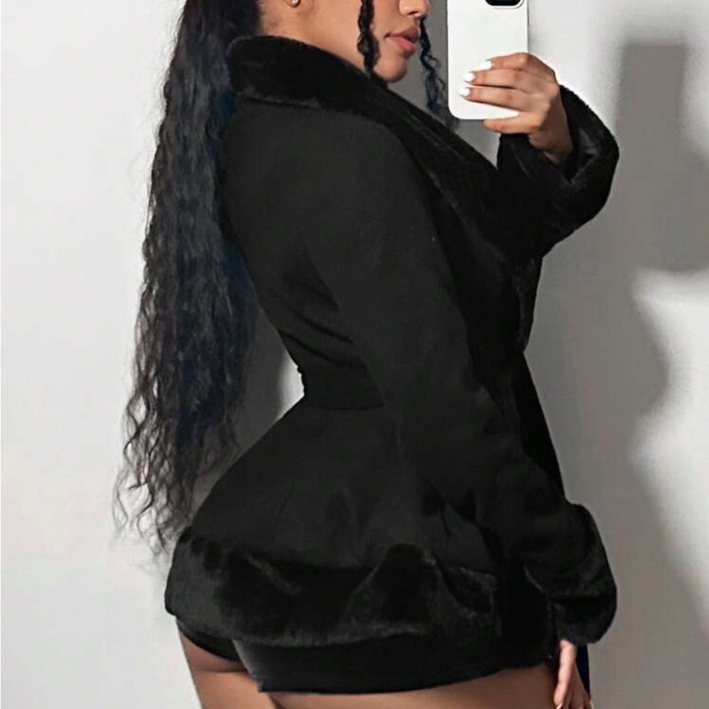 Premium Faux fur black belted coat, collared fur & fur sleeve cuffs faux leather - Picture 7 of 7